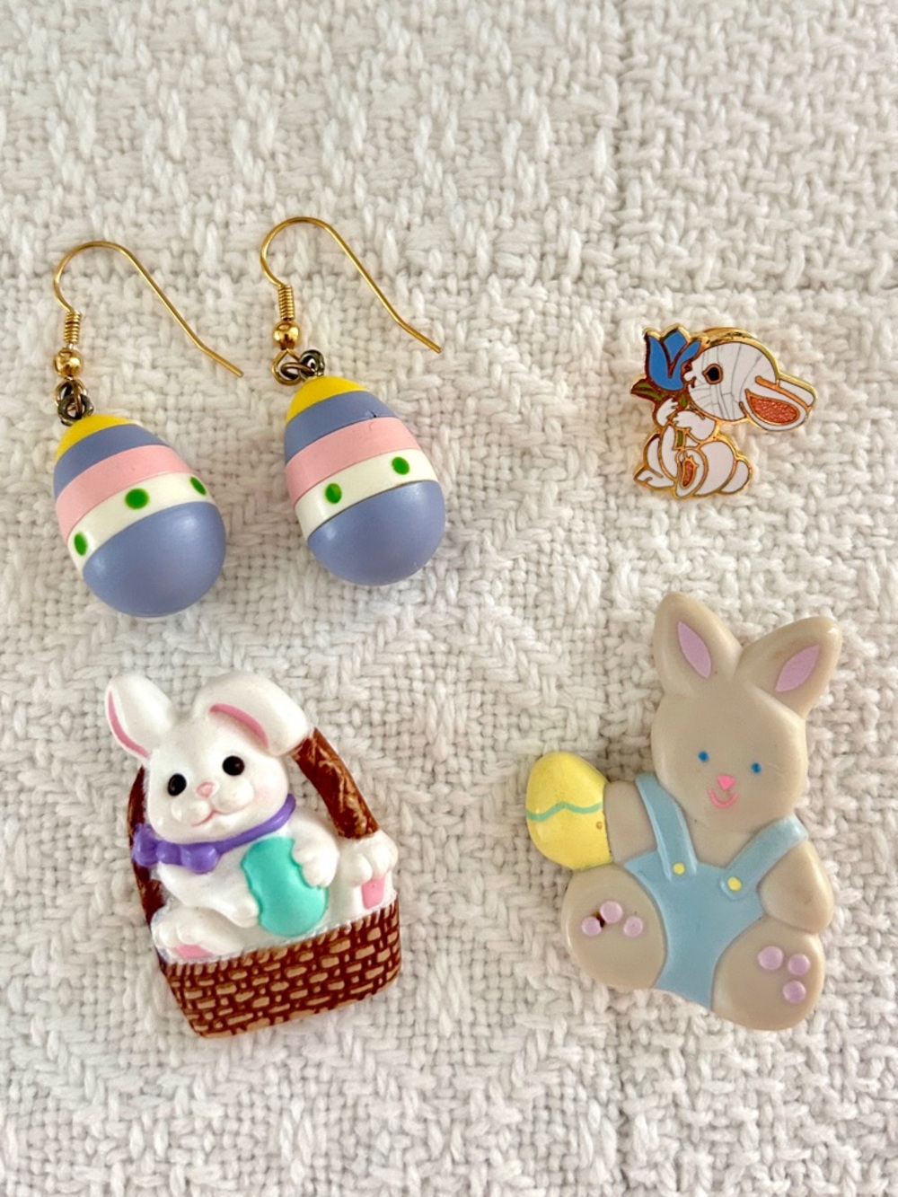 Vintage Hallmark Easter Bunny Pins Lot + Pastel Egg Dangle Earrings